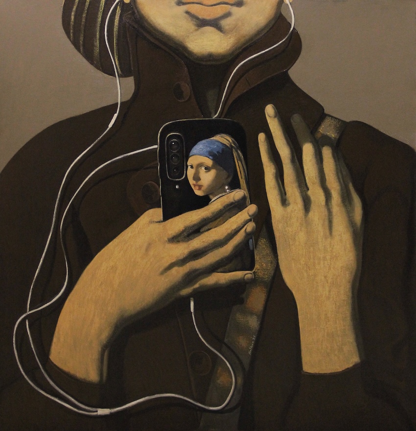 Arthur Hovhannisyan La Jeune Fille aux ecouteurs blancs 2025 huile sur toile 130 × 130 cm. copie
