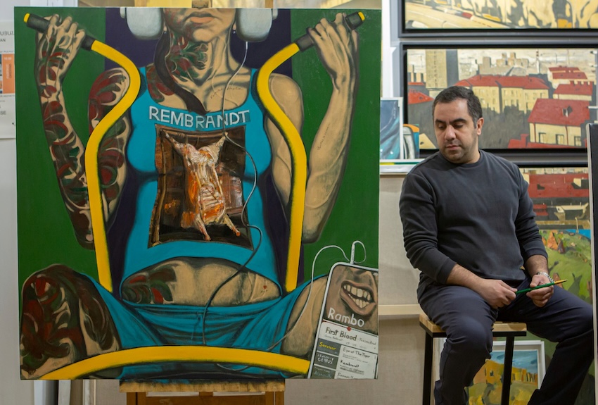 Arthur Hovhannisyan dans son atelier, près de Rambo, 2026, huile sur toile, 130 × 130 cm, collection de l'artiste. copie