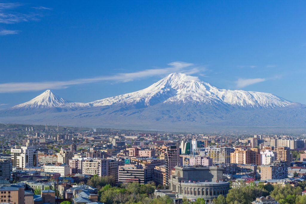 Mount Ararat and the Yerevan skyline in spring