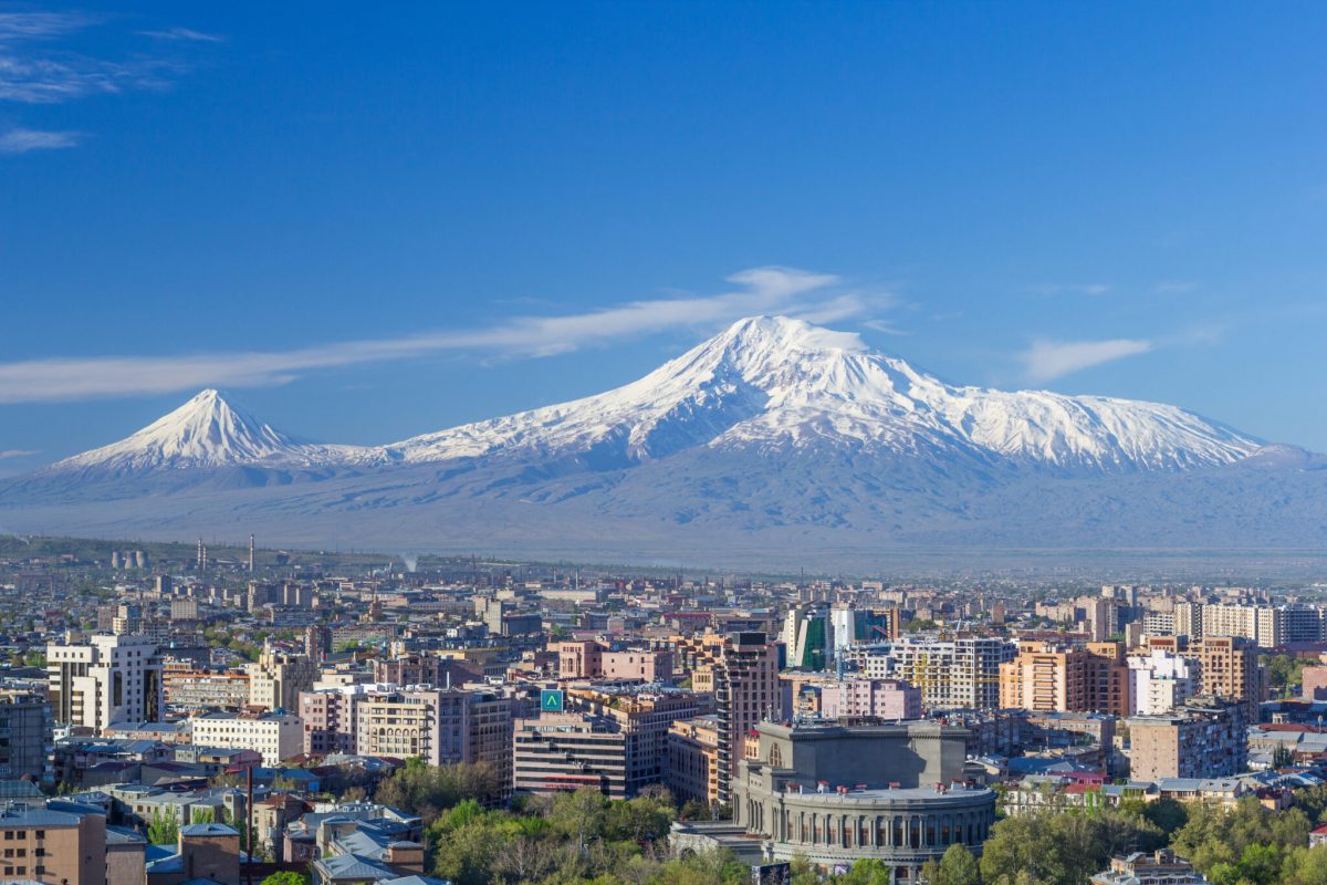 Mount Ararat and the Yerevan skyline in spring
