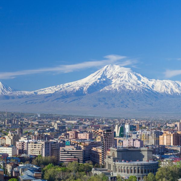 Mount Ararat and the Yerevan skyline in spring